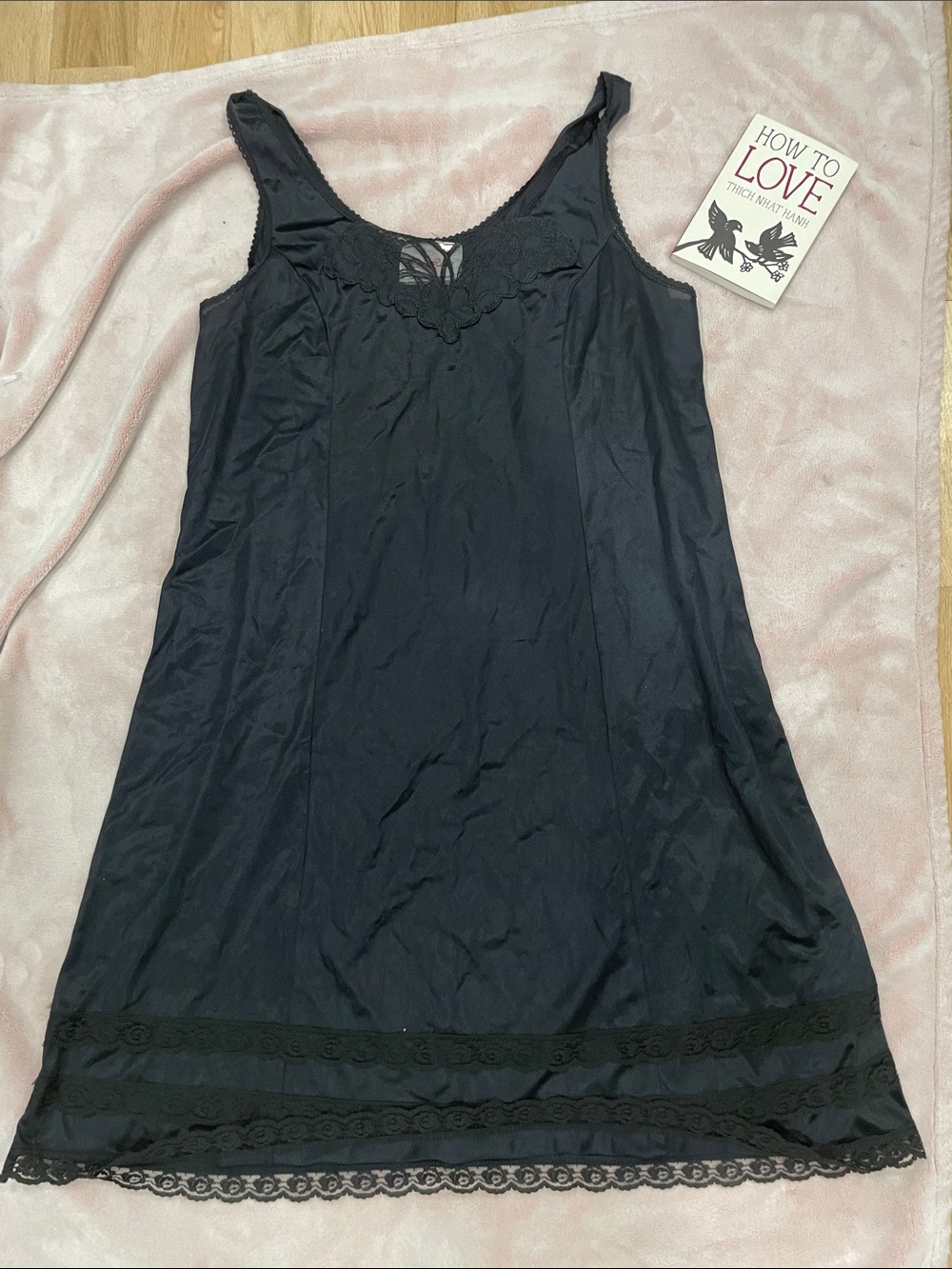 Vintage Pink Lady Black Slip Dress Nylon Nightgown Medium M
